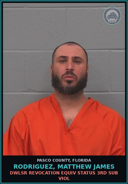 CCW arrest card for RODRIGUEZ, MATTHEW JAMES in Pasco County: DWLSR REVOCATION EQUIV STATUS 3RD SUB VIOL