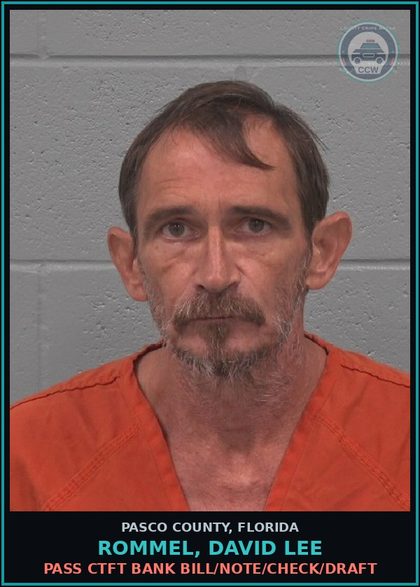 CCW arrest card for ROMMEL, DAVID LEE in Pasco County: PASS CTFT BANK BILL/NOTE/CHECK/DRAFT
