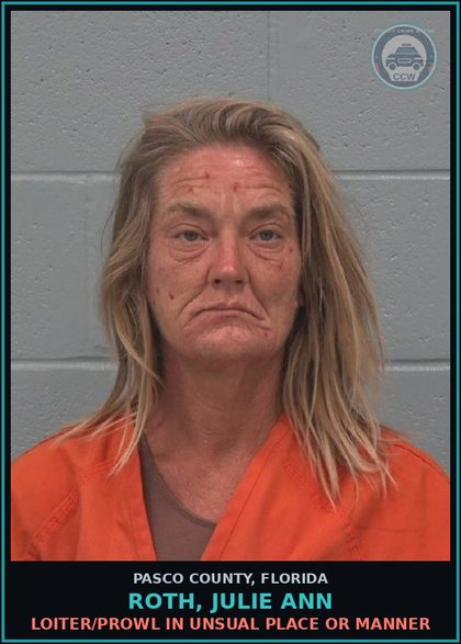 CCW arrest card for ROTH, JULIE ANN in Pasco County: LOITER/PROWL IN UNSUAL PLACE OR MANNER