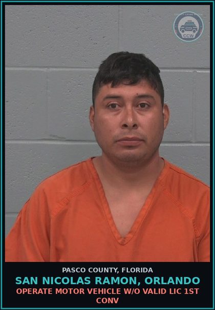 CCW arrest card for SAN NICOLAS RAMON, ORLANDO in Pasco County: OPERATE MOTOR VEHICLE W/O VALID LIC 1ST CONV