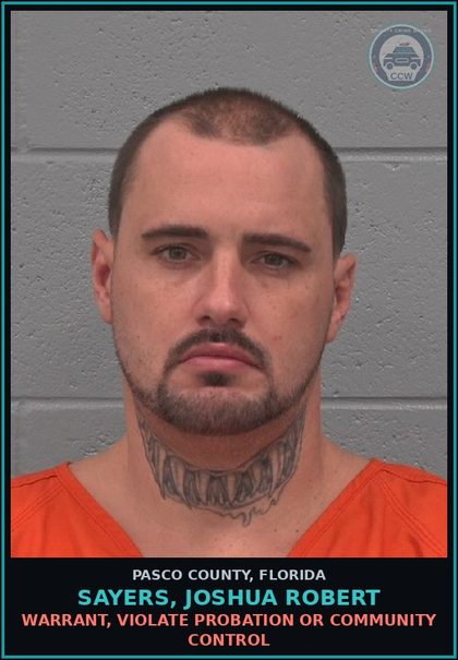 CCW arrest card for SAYERS, JOSHUA ROBERT in Pasco County: WARRANT, VIOLATE PROBATION OR COMMUNITY CONTROL