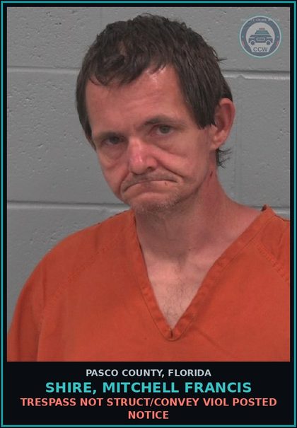 CCW arrest card for SHIRE, MITCHELL FRANCIS in Pasco County: TRESPASS NOT STRUCT/CONVEY VIOL POSTED NOTICE