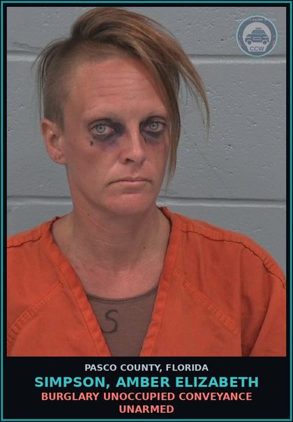 CCW arrest card for SIMPSON, AMBER ELIZABETH in Pasco County: BURGLARY UNOCCUPIED CONVEYANCE UNARMED