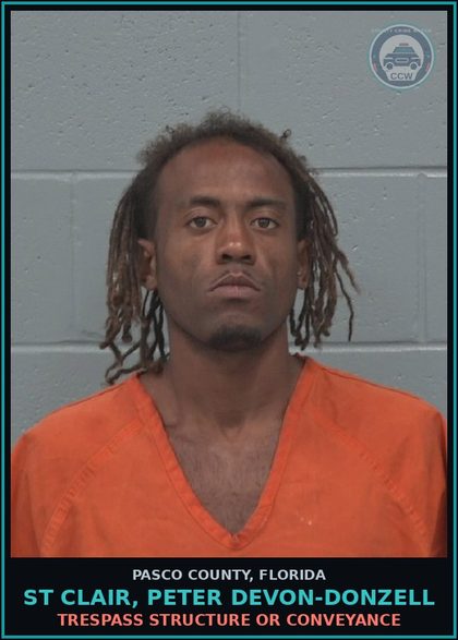 CCW arrest card for ST CLAIR, PETER DEVON-DONZELL in Pasco County: TRESPASS STRUCTURE OR CONVEYANCE