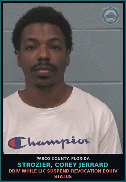 CCW arrest card for STROZIER, COREY JERRARD in Pasco County: DRIV WHILE LIC SUSPEND REVOCATION EQUIV STATUS
