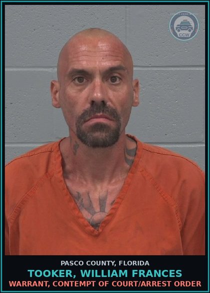 CCW arrest card for TOOKER, WILLIAM FRANCES in Pasco County: WARRANT, CONTEMPT OF COURT/ARREST ORDER