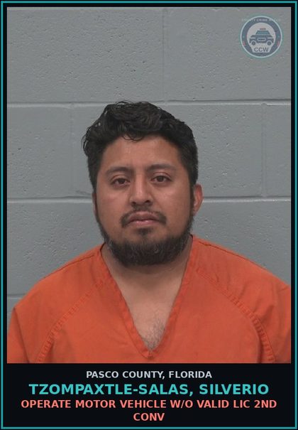 CCW arrest card for TZOMPAXTLE-SALAS, SILVERIO in Pasco County: OPERATE MOTOR VEHICLE W/O VALID LIC 2ND CONV