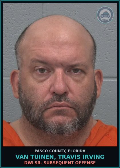 CCW arrest card for VAN TUINEN, TRAVIS IRVING in Pasco County: DWLSR- SUBSEQUENT OFFENSE