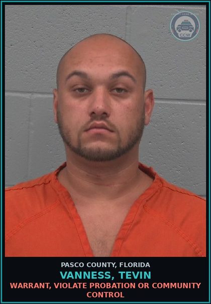 CCW arrest card for VANNESS, TEVIN in Pasco County: WARRANT, VIOLATE PROBATION OR COMMUNITY CONTROL