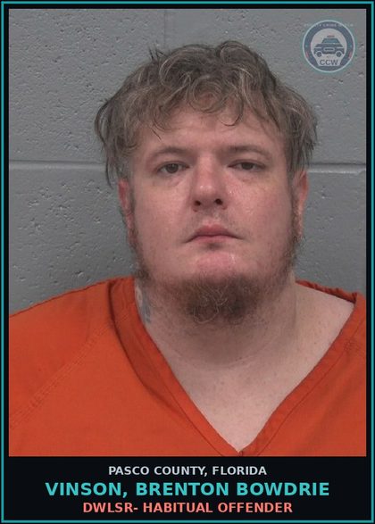 CCW arrest card for VINSON, BRENTON BOWDRIE in Pasco County: DWLSR- HABITUAL OFFENDER