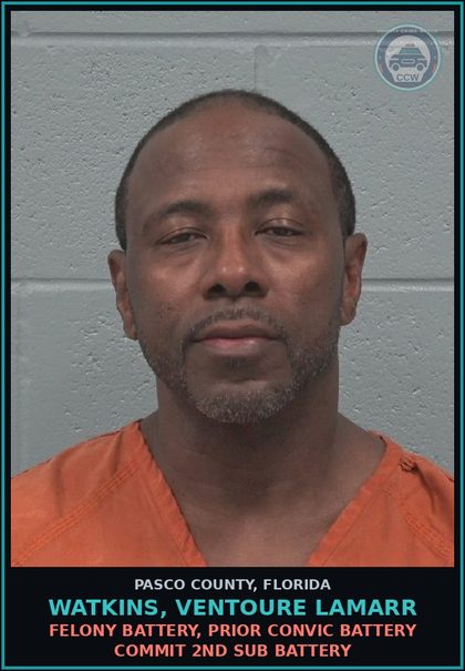CCW arrest card for WATKINS, VENTOURE LAMARR in Pasco County: FELONY BATTERY, PRIOR CONVIC BATTERY COMMIT 2ND SUB BATTERY
