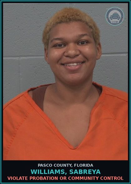 CCW arrest card for WILLIAMS, SABREYA in Pasco County: VIOLATE PROBATION OR COMMUNITY CONTROL