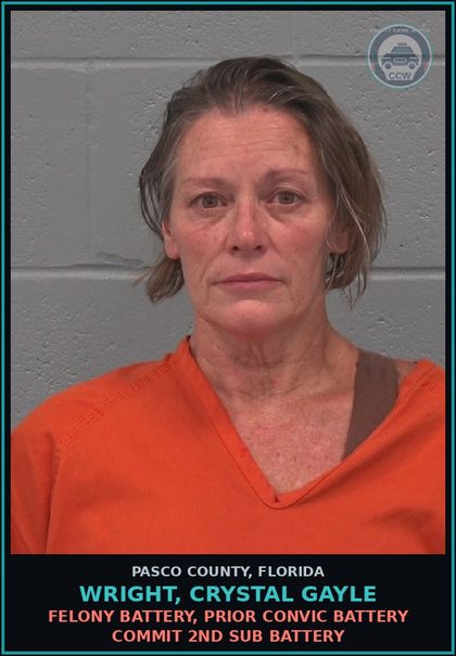 CCW arrest card for WRIGHT, CRYSTAL GAYLE in Pasco County: FELONY BATTERY, PRIOR CONVIC BATTERY COMMIT 2ND SUB BATTERY