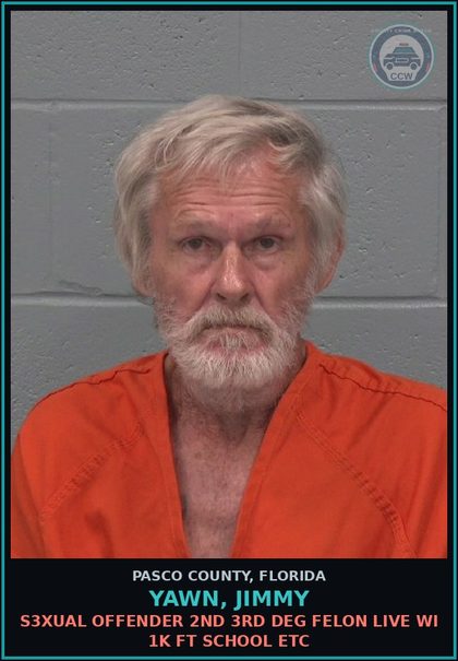 CCW arrest card for YAWN, JIMMY in Pasco County: s3xual OFFENDER 2ND 3RD DEG FELON LIVE WI 1K FT SCHOOL ETC