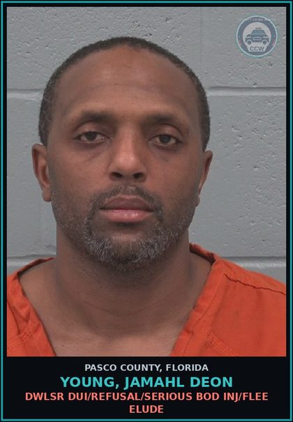 CCW arrest card for YOUNG, JAMAHL DEON in Pasco County: DWLSR DUI/REFUSAL/SERIOUS BOD INJ/FLEE ELUDE