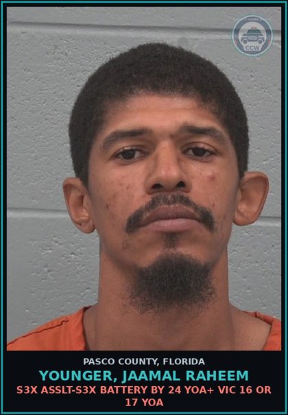CCW arrest card for YOUNGER, JAAMAL RAHEEM in Pasco County: s3x ASSLT-s3x BATTERY BY 24 YOA+ VICTIM 16 OR 17 YOA
