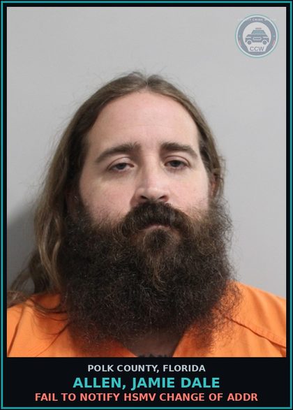 CCW arrest card for ALLEN, JAMIE DALE in Polk County, Florida: Fail to Notify HSMV Change of Addr