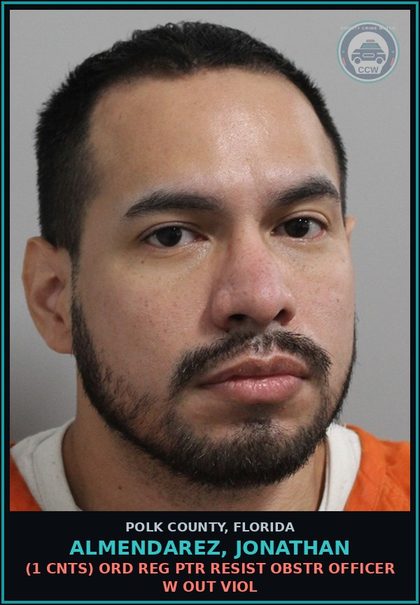CCW arrest card for ALMENDAREZ, JONATHAN in Polk County: (1 cnts) ORD REG PTR RESIST OBSTR OFFICER W OUT VIOL