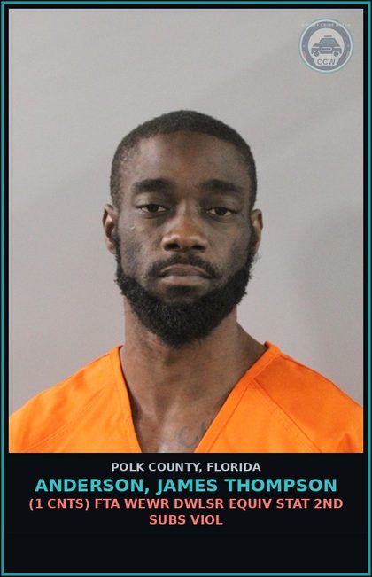 CCW arrest card for ANDERSON, JAMES THOMPSON in Polk County: (1 cnts) FTA WEWR DWLSR EQUIV STAT 2ND SUBS VIOL