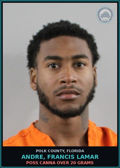 CCW arrest card for ANDRE, FRANCIS LAMAR in Polk County: POSS Canna OVER 20 GRAMS