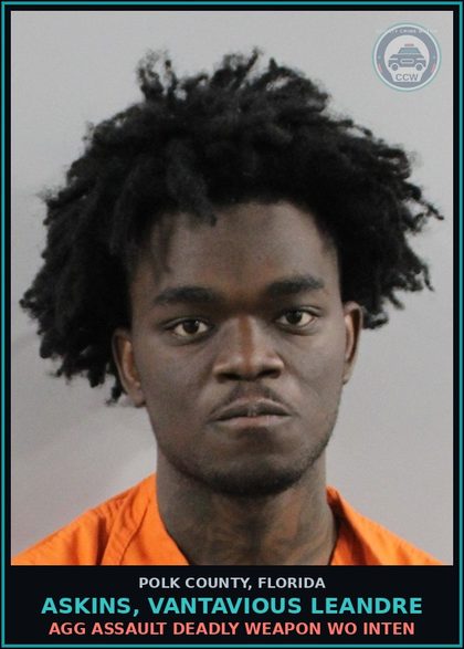 CCW arrest card for ASKINS, VANTAVIOUS LEANDRE in Polk County: Shoot Missile into Dwell Veh Bldg