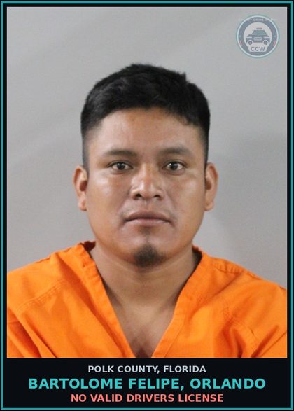 CCW arrest card for BARTOLOME FELIPE, ORLANDO in Polk County: No Valid Drivers License
