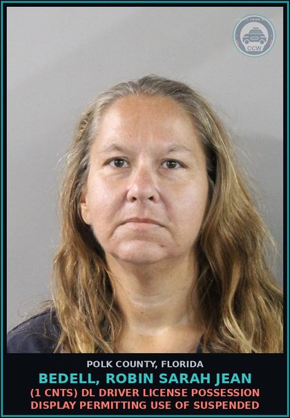 CCW arrest card for BEDELL, ROBIN SARAH JEAN in Polk County: (1 cnts) DL DRIVER LICENSE POSSESSION DISPLAY PERMITTING USE OF SUSPENDED