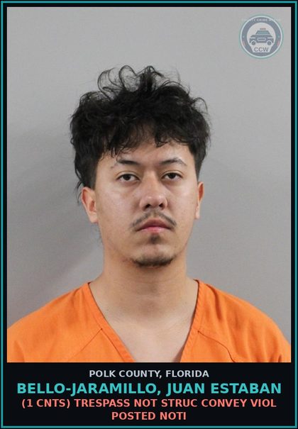 CCW arrest card for BELLO-JARAMILLO, JUAN ESTABAN in Polk County: (1 cnts) TRESPASS NOT STRUC CONVEY VIOL POSTED NOTI
