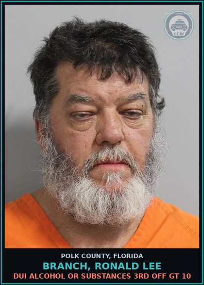 CCW arrest card for BRANCH, RONALD LEE in Polk County: 0.15 or Higher or W Person Under 1