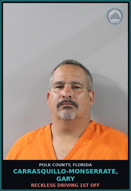 CCW arrest card for CARRASQUILLO-MONSERRATE, GARY in Polk County: Reckless Driving 1st Off