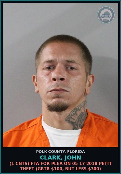 CCW arrest card for CLARK, JOHN in Polk County: (1 cnts) FTA FOR PLEA ON 05 17 2018 PETIT THEFT (GRTR $100, BUT LESS $300)
