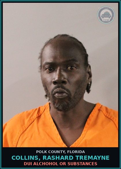CCW arrest card for COLLINS, RASHARD TREMAYNE in Polk County: Resist Officer w o Viol.