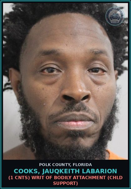 CCW arrest card for COOKS, JAUQKEITH LABARION in Polk County: (1 cnts) WRIT OF BODILY ATTACHMENT (chld SUPPORT)