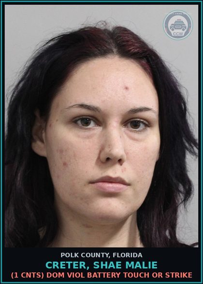 CCW arrest card for CRETER, SHAE MALIE in Polk County: (1 cnts) DOM VIOL BATTERY TOUCH OR STRIKE