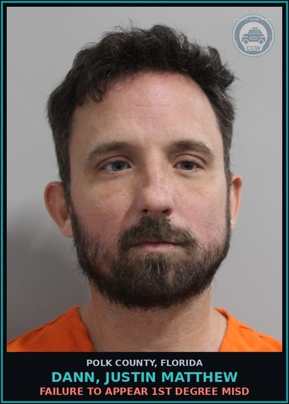 CCW arrest card for DANN, JUSTIN MATTHEW in Polk County: FAILURE TO APPEAR 1st Degree Misd