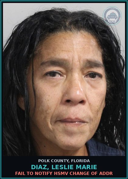CCW arrest card for DIAZ, LESLIE MARIE in Polk County: Fail to Notify HSMV Change of Addr