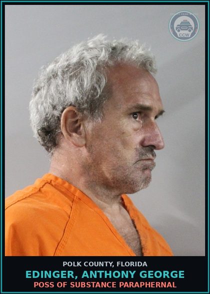 CCW arrest card for EDINGER, ANTHONY GEORGE in Polk County: POSS OF DRUG PARAPHERNAL