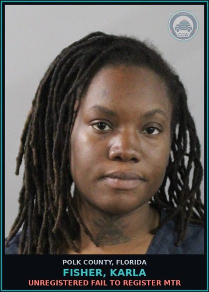 CCW arrest card for FISHER, KARLA in Polk County: Unregistered Fail to Register Mtr