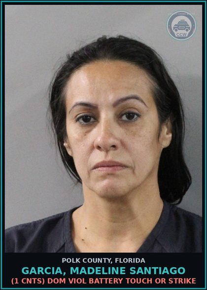CCW arrest card for GARCIA, MADELINE SANTIAGO in Polk County: Dom Viol Agg Asslt Deadly Weap WO