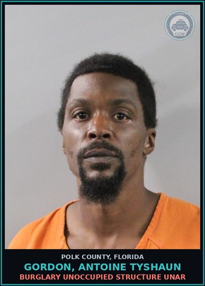 CCW arrest card for GORDON, ANTOINE TYSHAUN in Polk County: Burglary Unoccupied Structure Unar