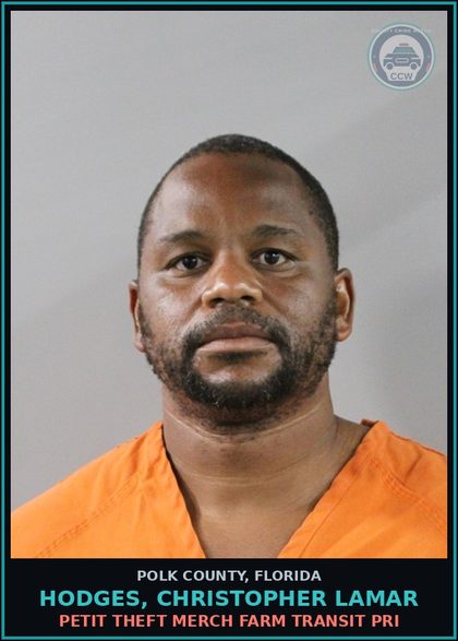 CCW arrest card for HODGES, CHRISTOPHER LAMAR in Polk County: Petit Theft Merch Farm Transit Pri