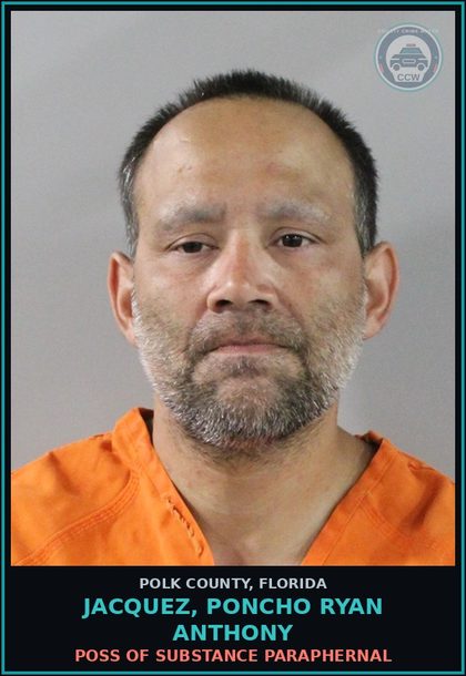 CCW arrest card for JACQUEZ, PONCHO RYAN ANTHONY in Polk County: POSS OF DRUG PARAPHERNAL