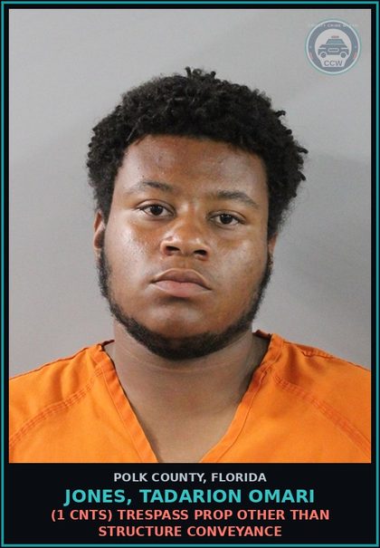 CCW arrest card for JONES, TADARION OMARI in Polk County: (1 cnts) TRESPASS PROP OTHER THAN STRUCTURE CONVEYANCE