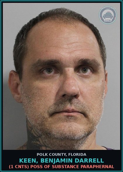 CCW arrest card for KEEN, BENJAMIN DARRELL in Polk County: (1 cnts) POSS OF DRUG PARAPHERNAL