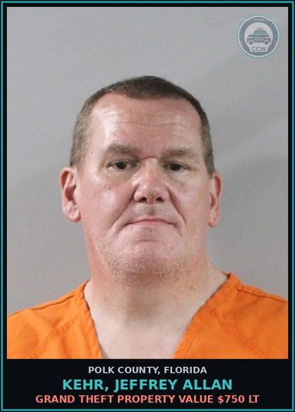 CCW arrest card for KEHR, JEFFREY ALLAN in Polk County: Grand Theft Property Value $750 LT