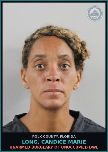 CCW arrest card for LONG, CANDICE MARIE in Polk County: Unarmed Burglary of Unoccupied Dwe