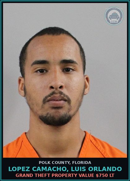 CCW arrest card for LOPEZ CAMACHO, LUIS ORLANDO in Polk County: Grand Theft Property Value $750 LT