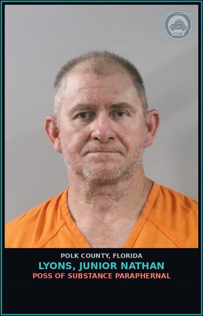 CCW arrest card for LYONS, JUNIOR NATHAN in Polk County: POSS OF DRUG PARAPHERNAL