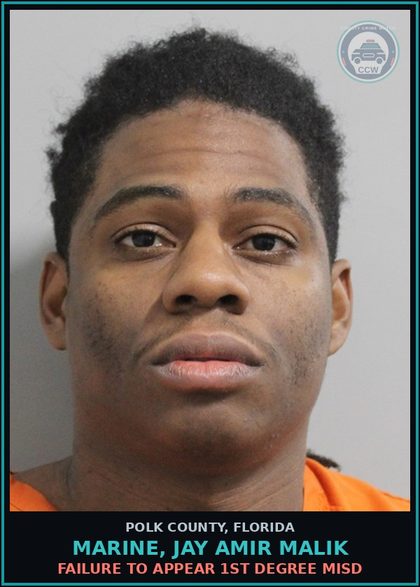 CCW arrest card for MARINE, JAY AMIR MALIK in Polk County: FAILURE TO APPEAR 1st Degree Misd
