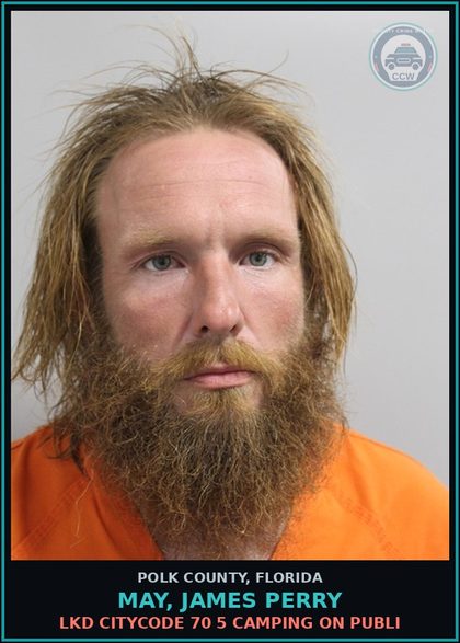 CCW arrest card for MAY, JAMES PERRY in Polk County: LKD CITYCODE 70 5 CAMPING ON PUBLI